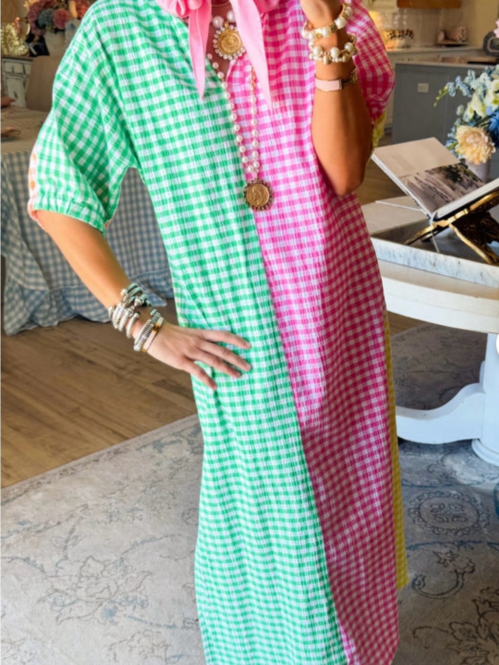 Multi Gingham Maxi Dress in Green & Pink & Yellow & Orange